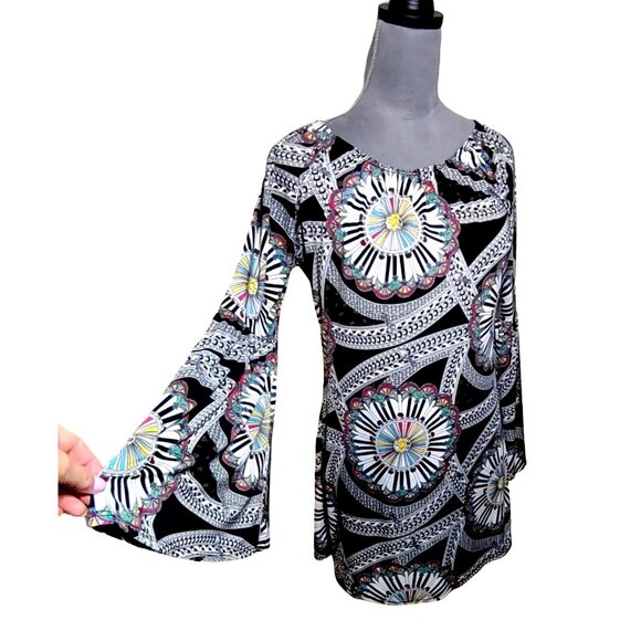 Bell Sleeve GoGo Mini Dress Multicolor Black GoGo Slinky Medallion Stretch Small - Picture 1 of 6